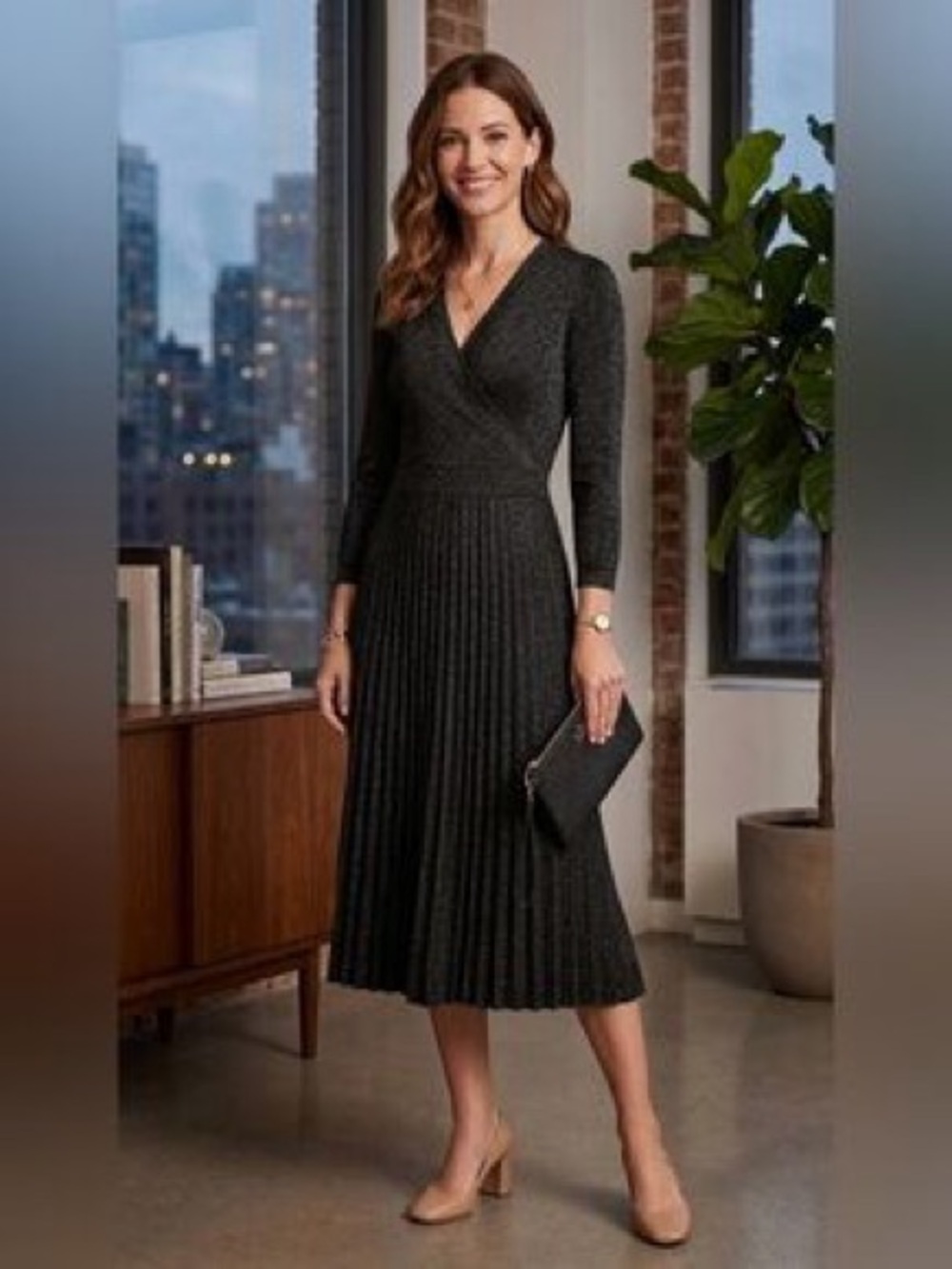 kate spade Metallic Charcoal Wrap Pleated Midi Dress
New with tags